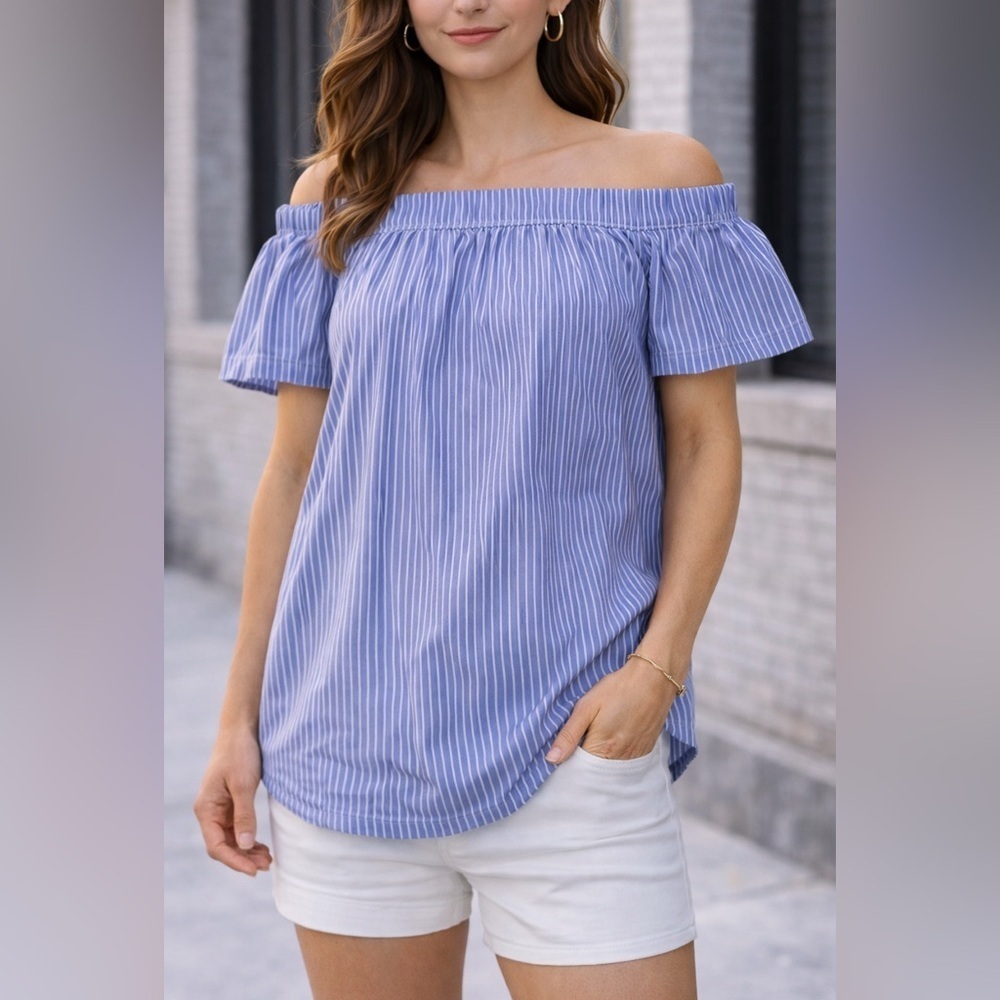 J Crew size 00 ruffled off shoulder blue white